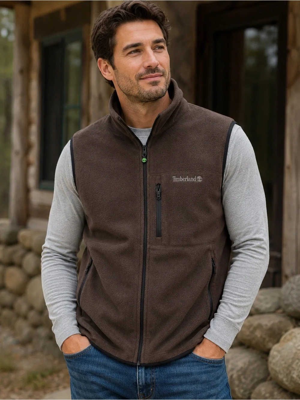 Timberland Brown Fleece Full Zip Vest Men’s XL Outdoor Hiking 3-Pocket
